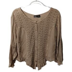 Vintage Y2K Boho Peasant Blouse Tan Eyelet Tie Back Flutter Sleeve Romantic Top